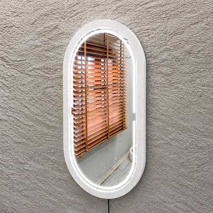 Kayın Ahşap Çerçeveli LED’li Oval Ayna – Dimmer Işıklı Dekoratif Duvar Aynası, Banyo Makyaj Salon Aynası