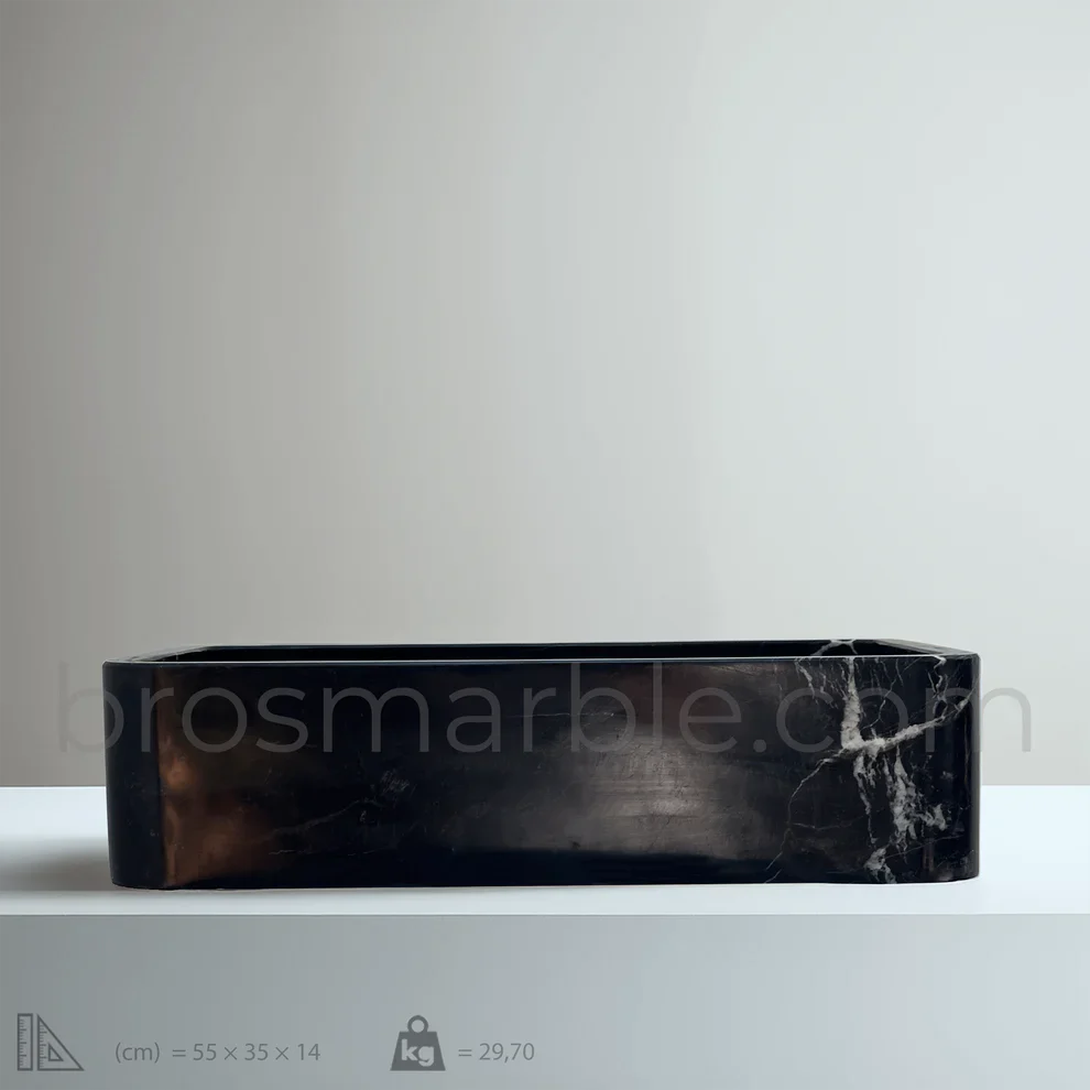 Toros Siyah Mermer Lavabo – Dikdörtgen El Yapımı Banyo Lavabosu (55×35×14 cm)