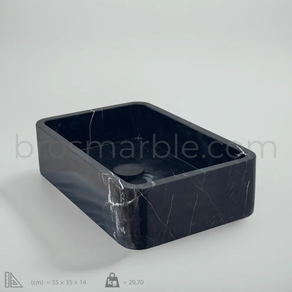 Toros Siyah Mermer Lavabo – Dikdörtgen El Yapımı Banyo Lavabosu (55×35×14 cm)