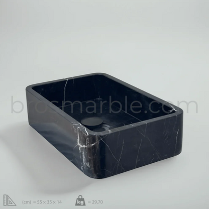 Toros Siyah Mermer Lavabo – Dikdörtgen El Yapımı Banyo Lavabosu (55×35×14 cm)