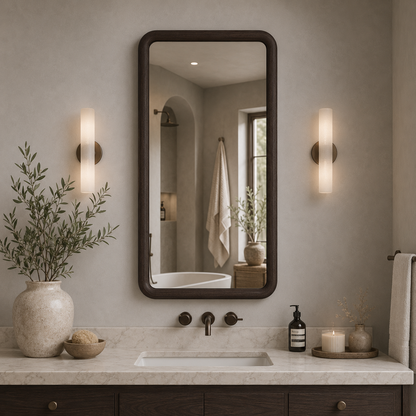 Yuvarlatılmış Köşeli Dikdörtgen Duvar Aynası, Ahşap Çerçeveli Ayna, Masif Kayın Ağacı Banyo Lavabo Aynası
