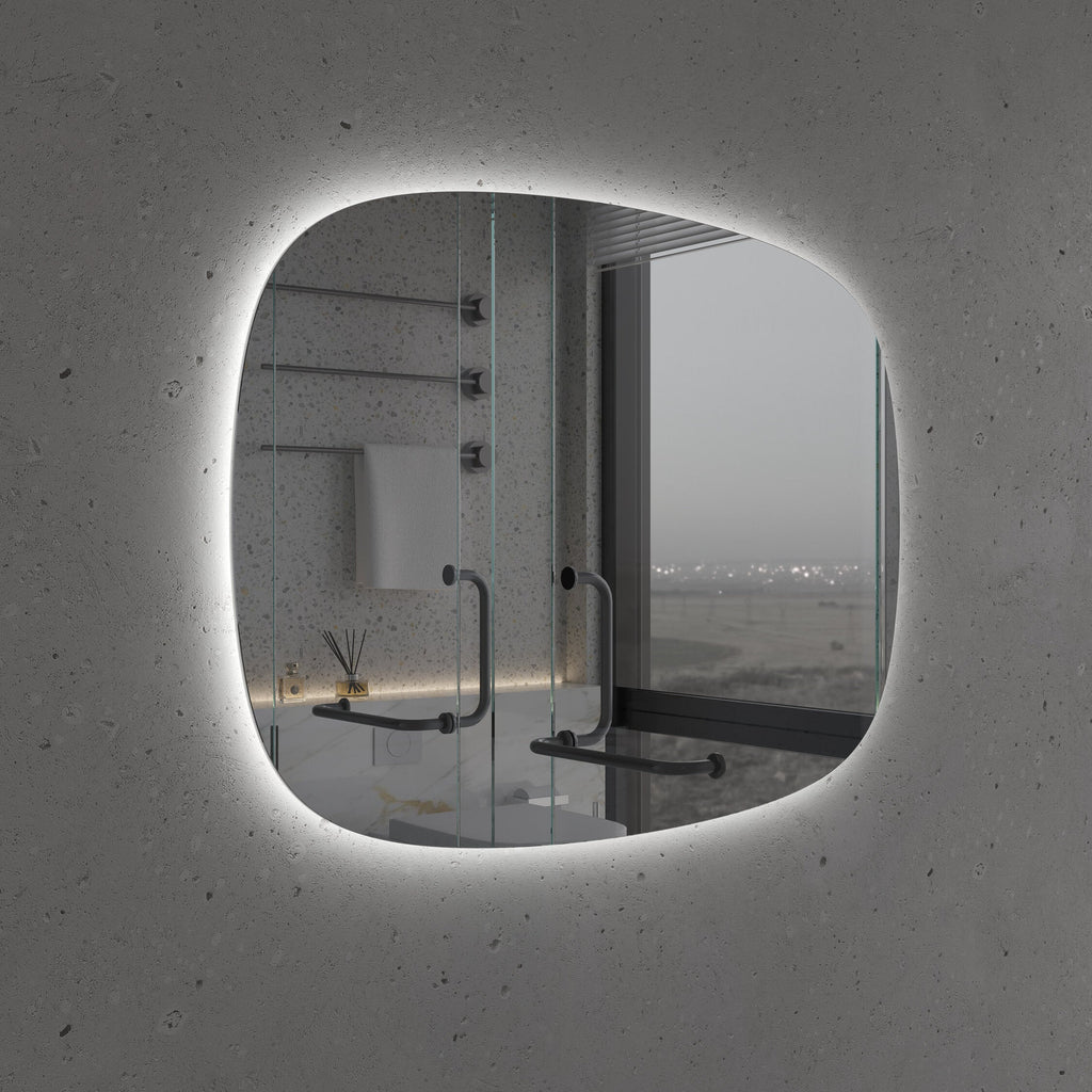 Asimetrik LED Ayna – Modern Organik Form Banyo Aynası, Arka Işıklı Tasarım, Dekoratif Duvar Aynası