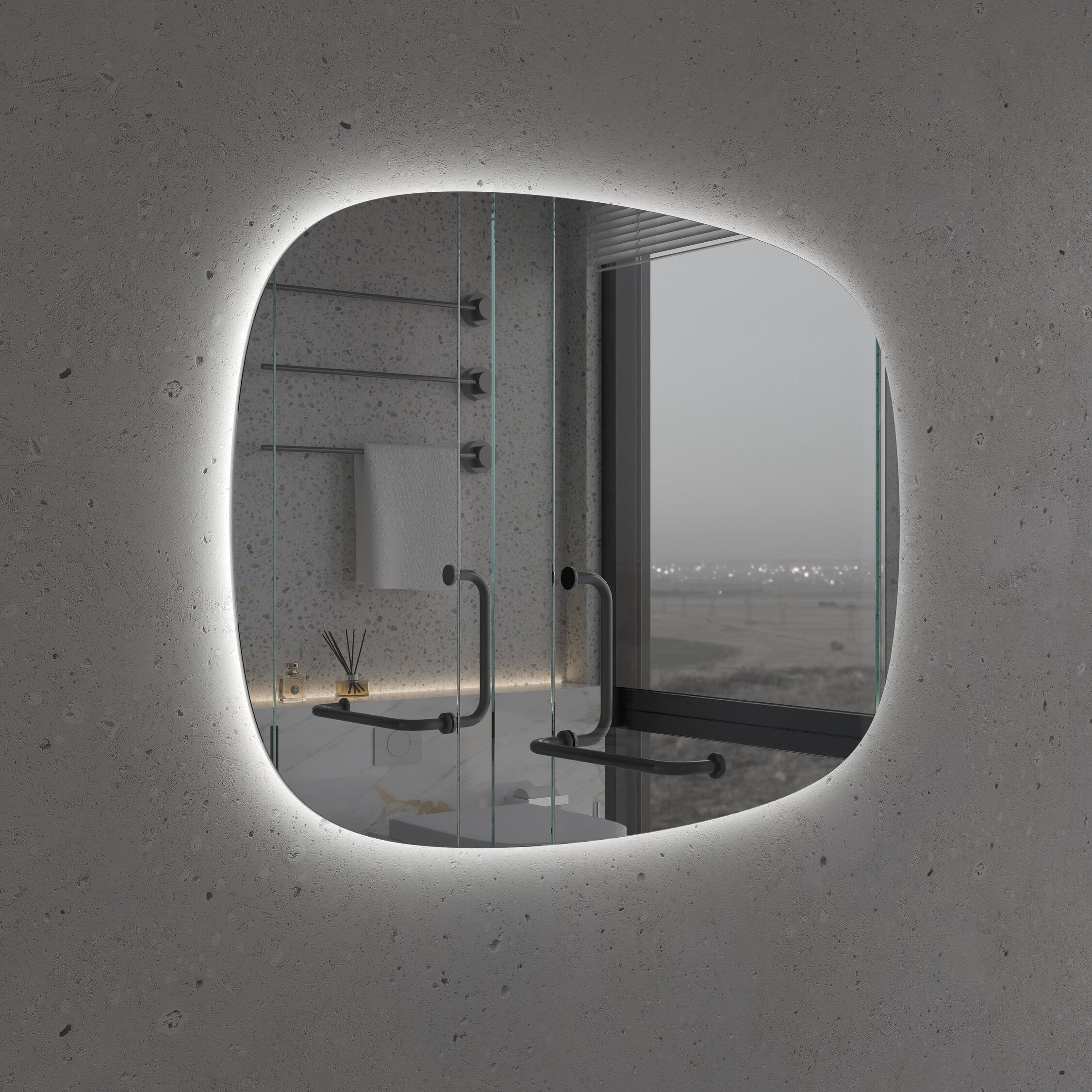 Asimetrik LED Ayna – Modern Organik Form Banyo Aynası, Arka Işıklı Tasarım, Dekoratif Duvar Aynası