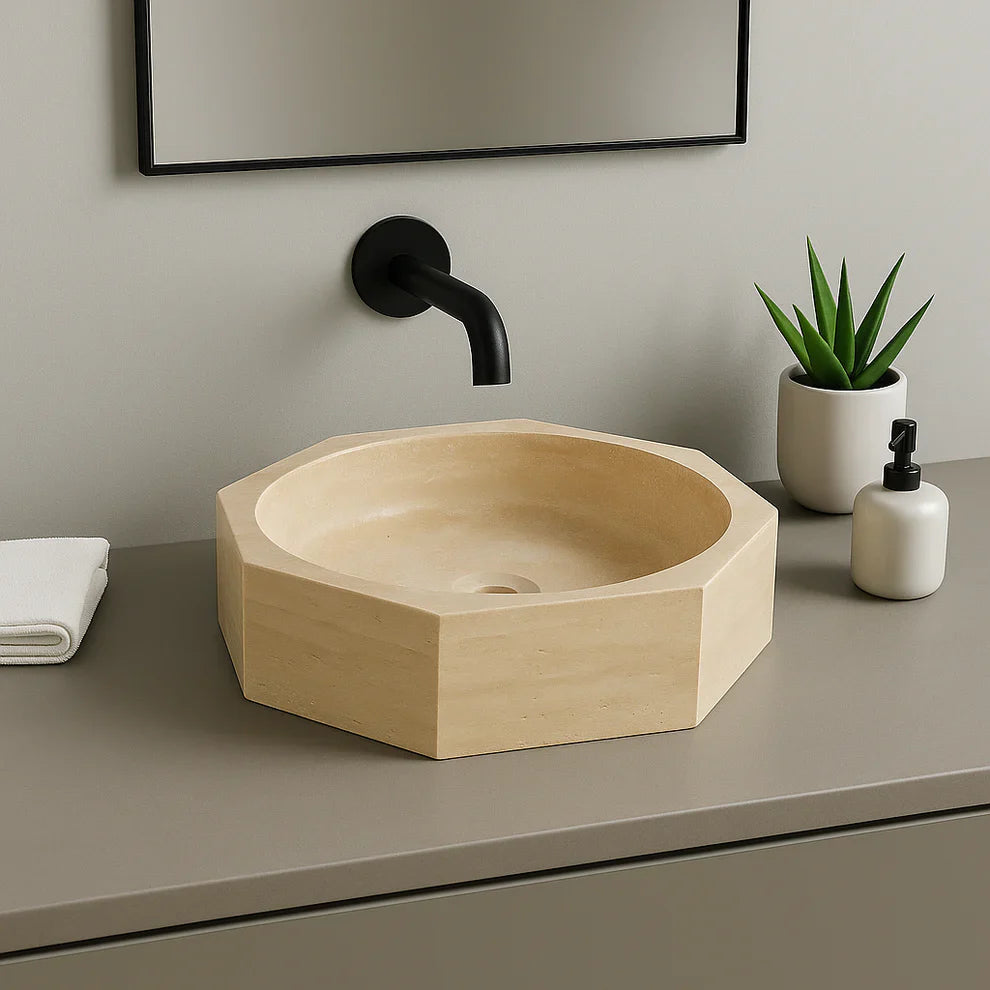 Calacatta Viola Mermer Sekizgen Lavabo – El Yapımı Banyo Lavabosu | 41×41×13 cm