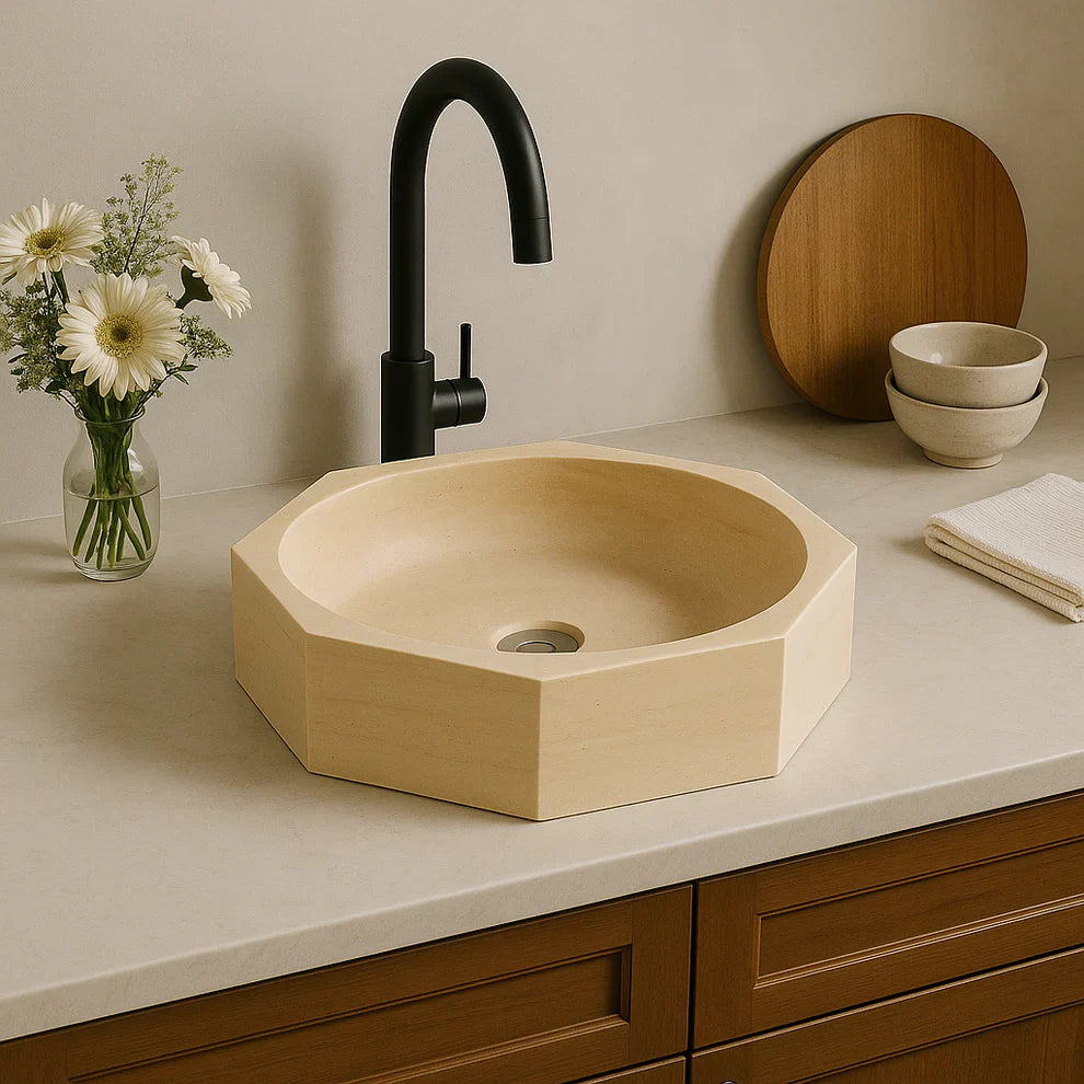 Calacatta Viola Mermer Sekizgen Lavabo – El Yapımı Banyo Lavabosu | 41×41×13 cm