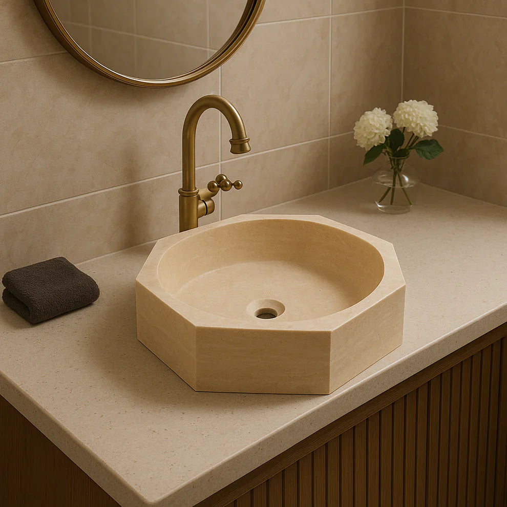 Calacatta Viola Mermer Sekizgen Lavabo – El Yapımı Banyo Lavabosu | 41×41×13 cm