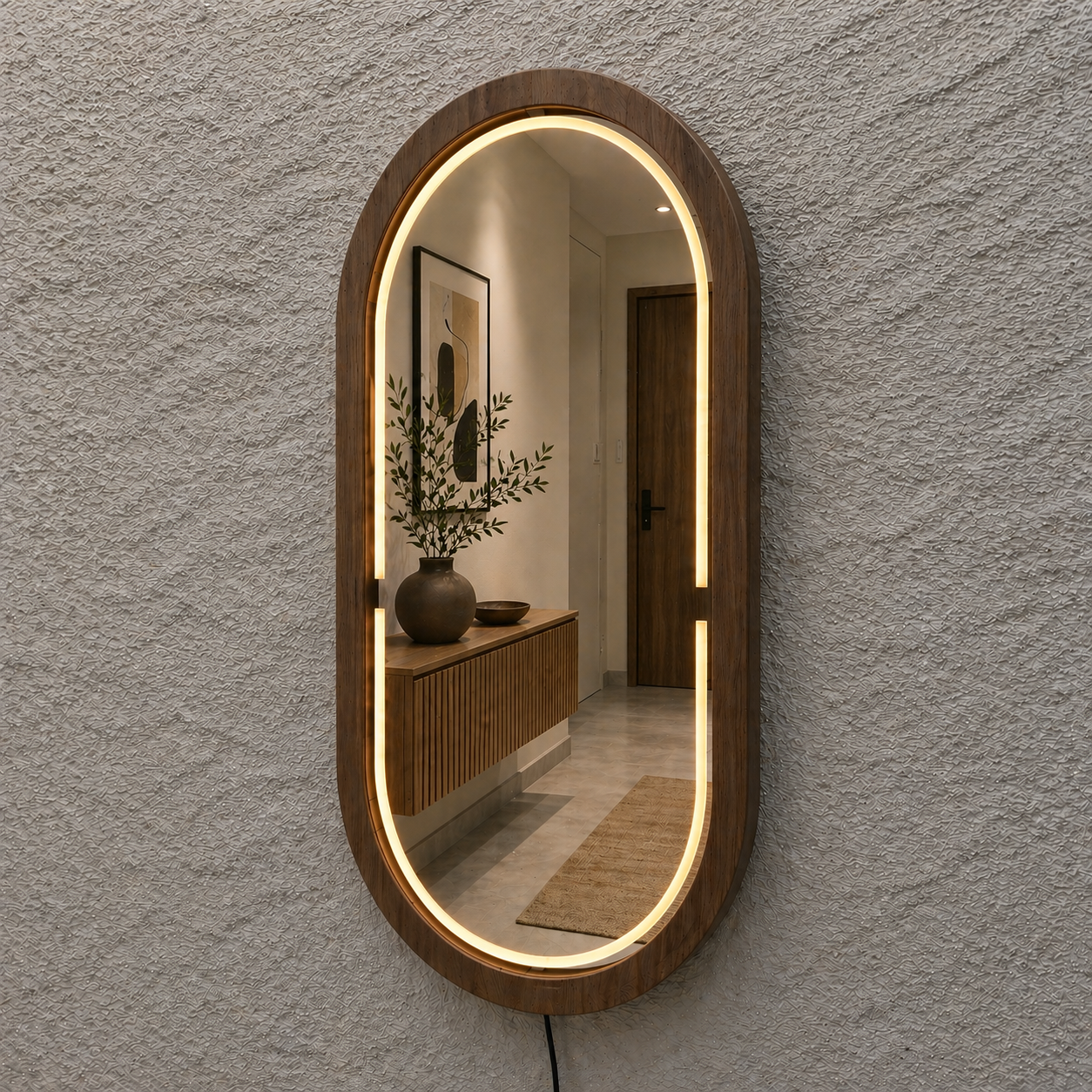 Kayın Ahşap Çerçeveli LED’li Oval Ayna – Dimmer Işıklı Dekoratif Duvar Aynası, Banyo Makyaj Salon Aynası