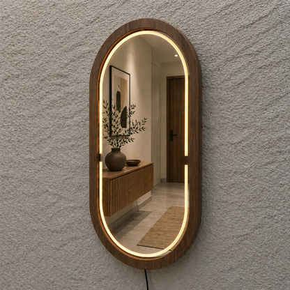 Kayın Ahşap Çerçeveli LED’li Oval Ayna – Dimmer Işıklı Dekoratif Duvar Aynası, Banyo Makyaj Salon Aynası