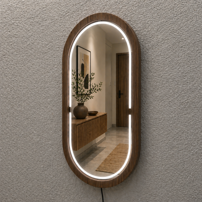 Kayın Ahşap Çerçeveli LED’li Oval Ayna – Dimmer Işıklı Dekoratif Duvar Aynası, Banyo Makyaj Salon Aynası