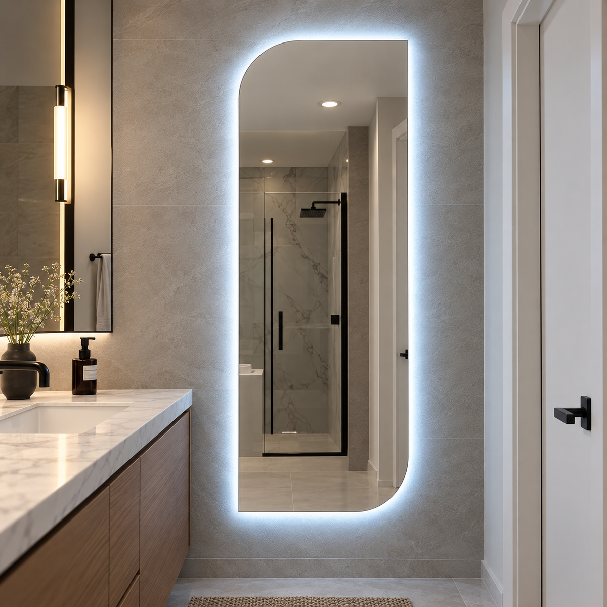 Asimetrik LED Işıklı Boy Aynası – Çerçevesiz Dekoratif Duvar Aynası