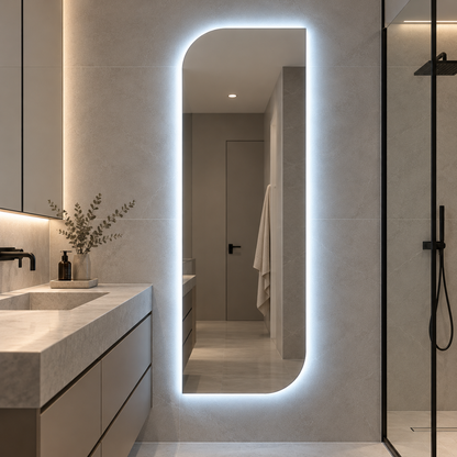 Asimetrik LED Işıklı Boy Aynası – Çerçevesiz Dekoratif Duvar Aynası