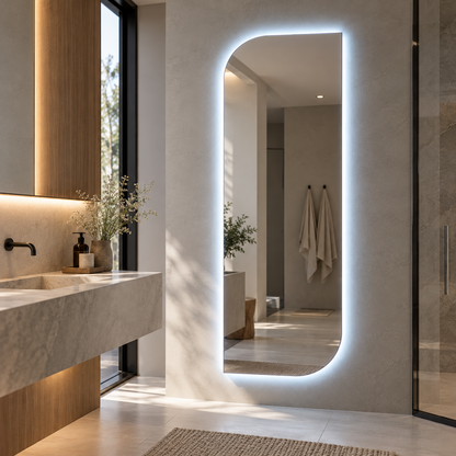 Asimetrik LED Işıklı Boy Aynası – Çerçevesiz Dekoratif Duvar Aynası
