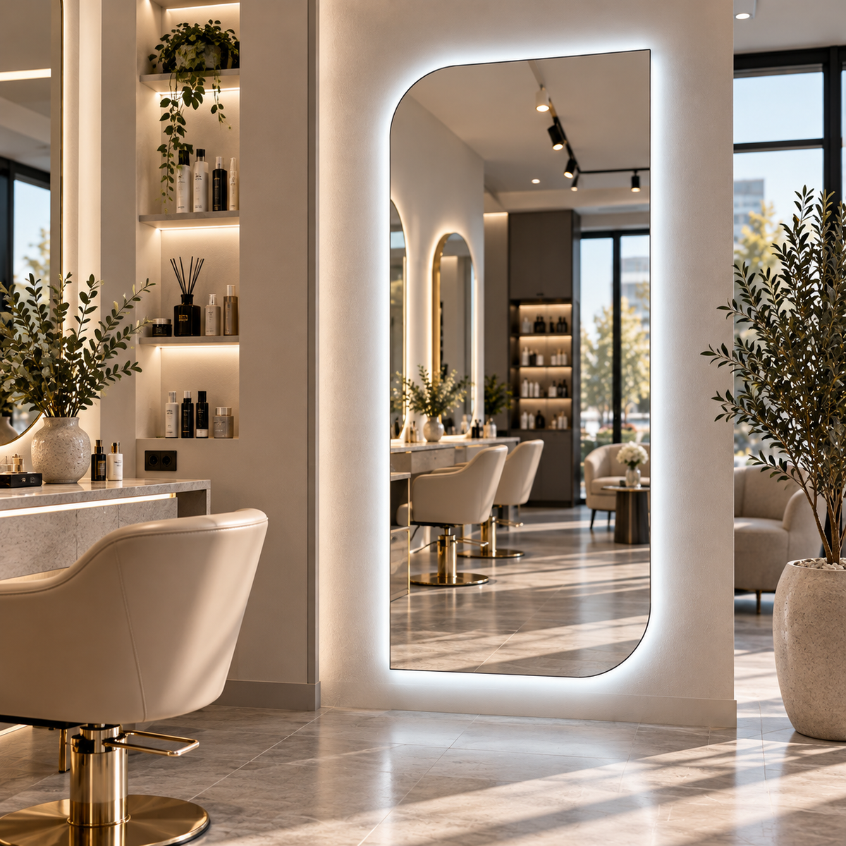Asimetrik LED Işıklı Boy Aynası – Çerçevesiz Dekoratif Duvar Aynası