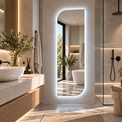 Asimetrik LED Işıklı Boy Aynası – Çerçevesiz Dekoratif Duvar Aynası