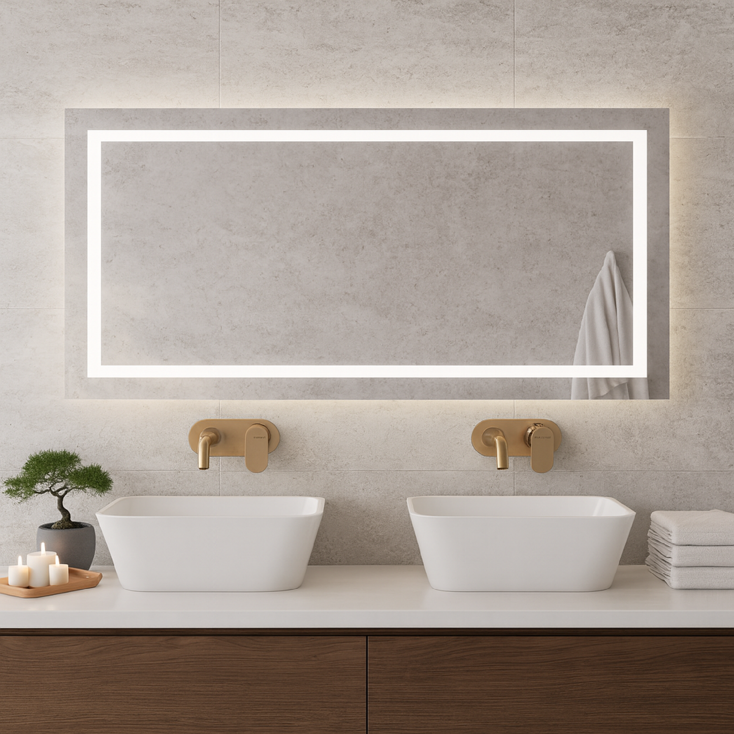 Büyük LED Işıklı Dikdörtgen Banyo Aynası – Modern Çerçevesiz Tasarım, Touch ve Duvar Anahtarlı