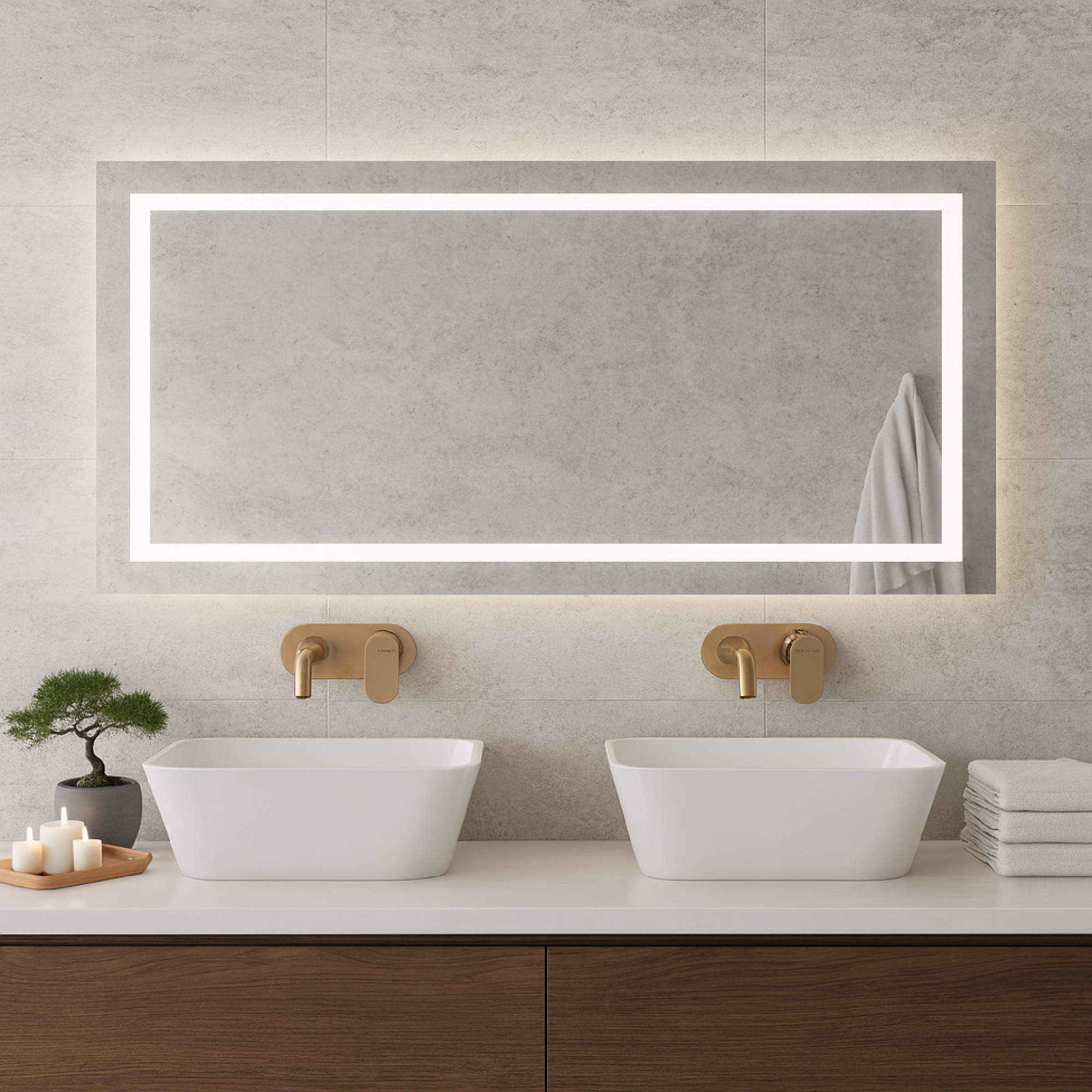 Büyük LED Işıklı Dikdörtgen Banyo Aynası – Modern Çerçevesiz Tasarım, Touch ve Duvar Anahtarlı