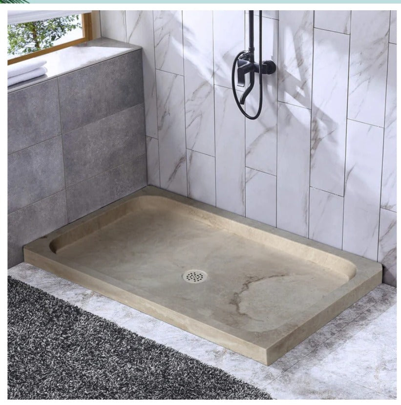 Troia Light Traverten Dikdörtgen – Doğal Taş Traverten Banyo Duş Tabanı (161×88×8 cm)