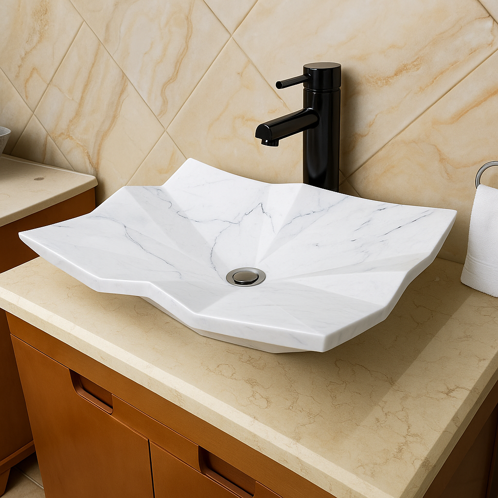 Modern Geometrik Tasarımlı Mermer Lavabo – El Yapımı Doğal Taş Tezgâh Üstü Banyo Lavabosu (L 55 × W 45 × H 14 cm)