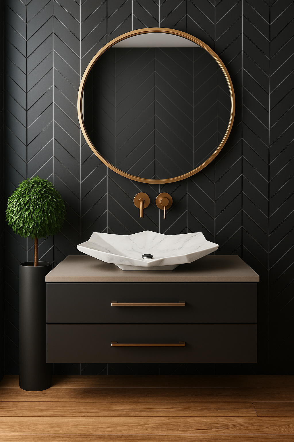 Modern Geometrik Tasarımlı Mermer Lavabo – El Yapımı Doğal Taş Tezgâh Üstü Banyo Lavabosu (L 55 × W 45 × H 14 cm)