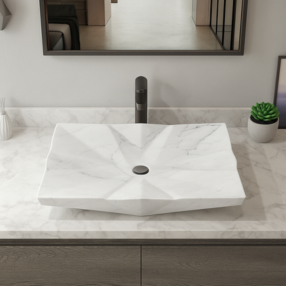 Modern Geometrik Tasarımlı Mermer Lavabo – El Yapımı Doğal Taş Tezgâh Üstü Banyo Lavabosu (L 55 × W 45 × H 14 cm)