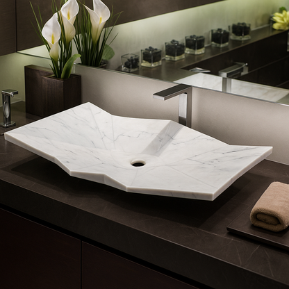 Modern Geometrik Tasarımlı Mermer Lavabo – El Yapımı Doğal Taş Tezgâh Üstü Banyo Lavabosu (L 55 × W 45 × H 14 cm)
