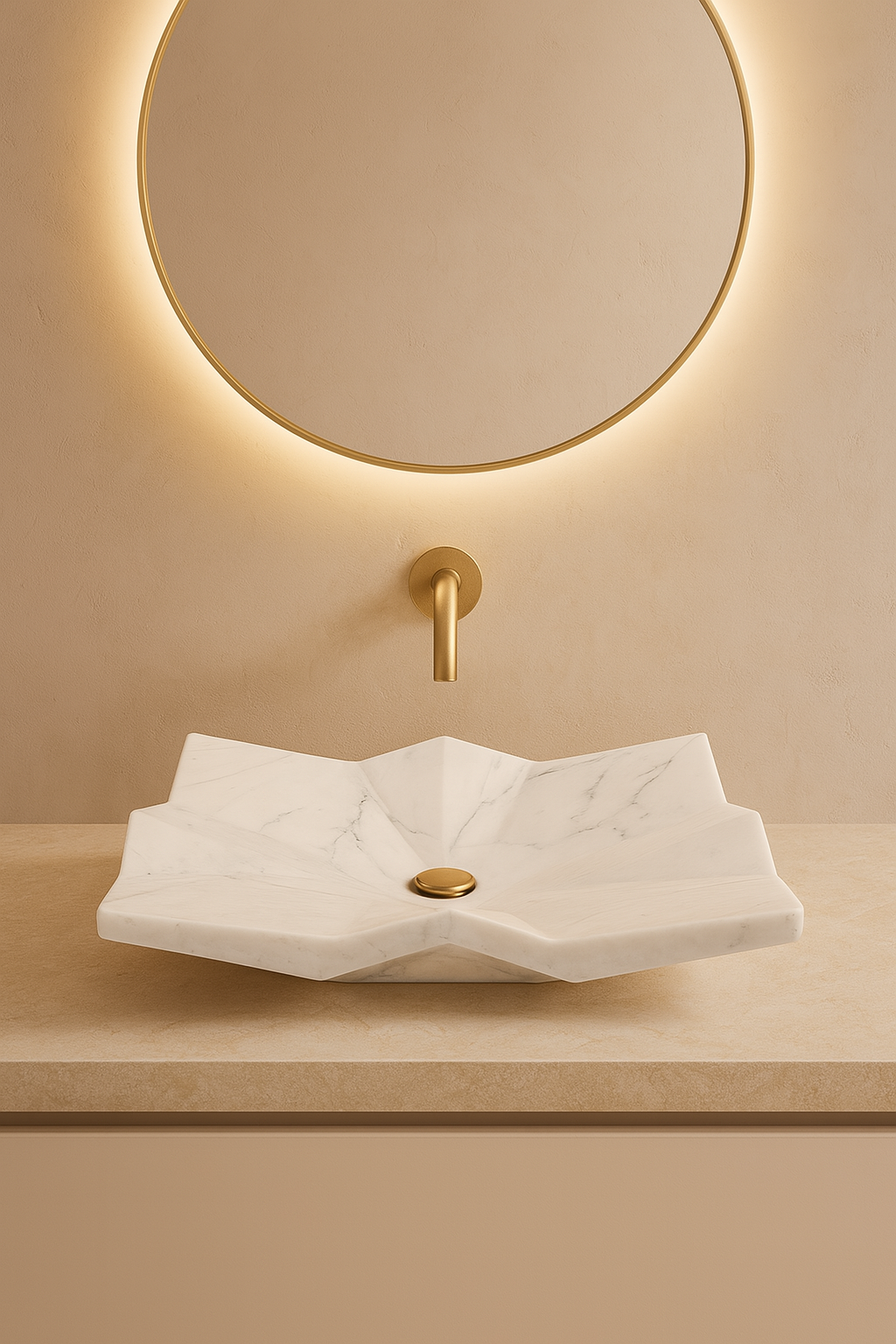 Modern Geometrik Tasarımlı Mermer Lavabo – El Yapımı Doğal Taş Tezgâh Üstü Banyo Lavabosu (L 55 × W 45 × H 14 cm)