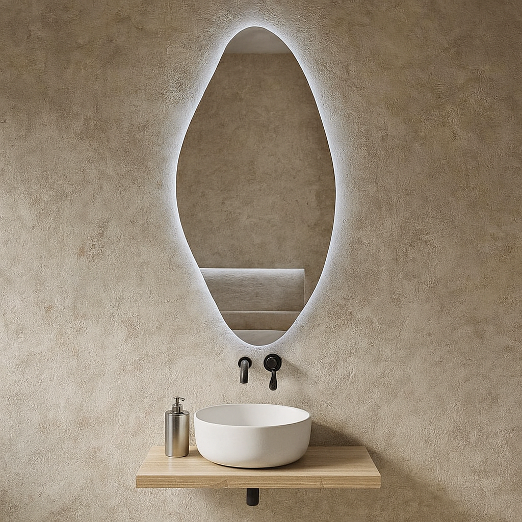 Modern Organik LED Banyo Aynası – Asimetrik Dekoratif Işıklı Ayna, Duvara Monte Tasarım
