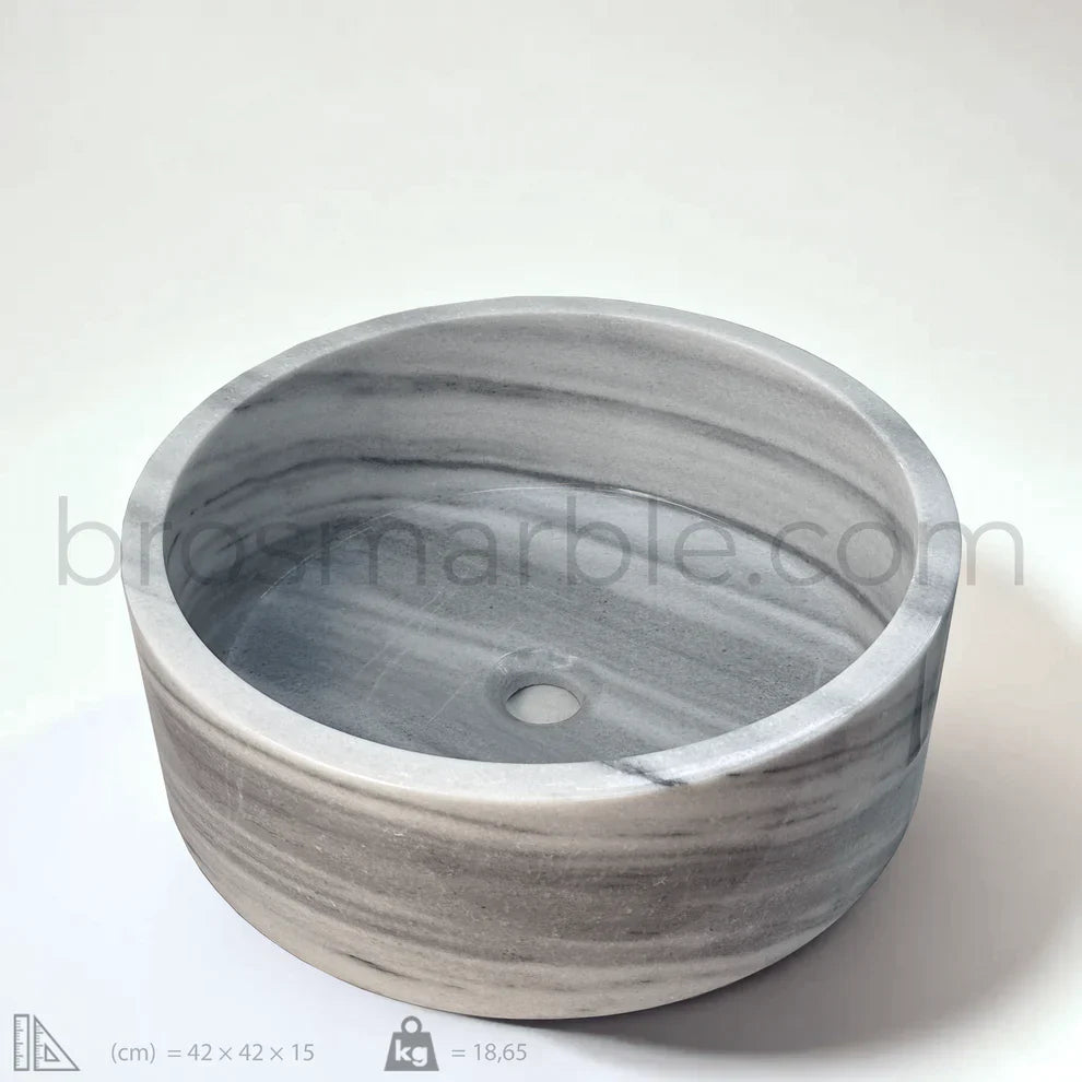 Grey Marmara Mermeri Yuvarlak Lavabo – El İşçiliği Doğal Taş Banyo Lavabosu (42×42×15 cm)