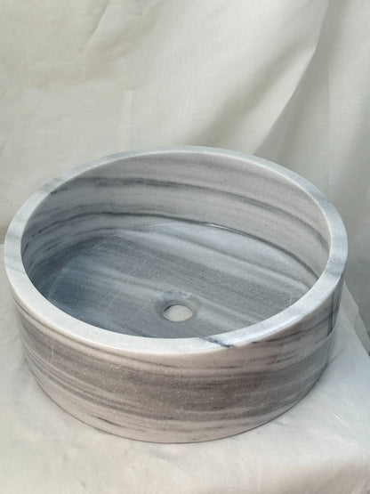 Grey Marmara Mermeri Yuvarlak Lavabo – El İşçiliği Doğal Taş Banyo Lavabosu (42×42×15 cm)
