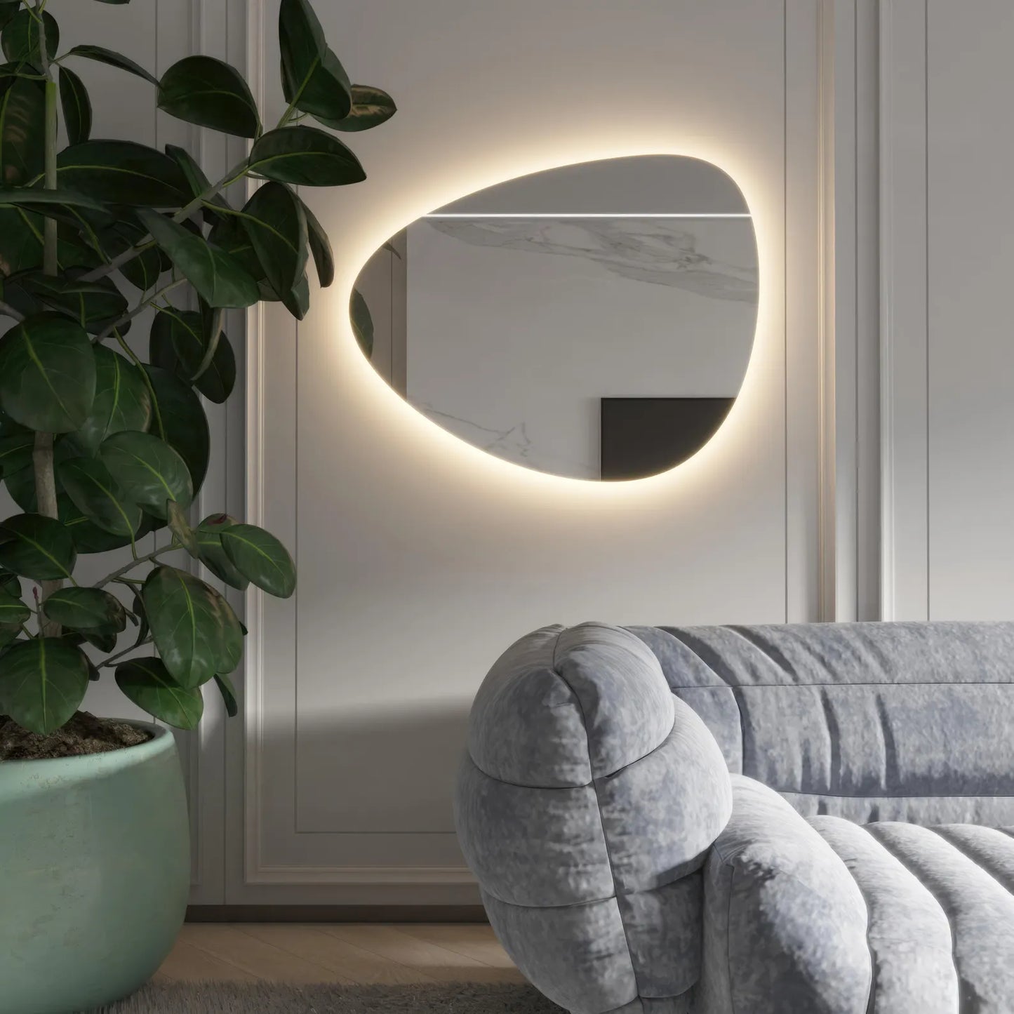 Modern Asimetrik LED Aydınlatmalı Banyo Aynası – Düzensiz Organik Formlu Dekoratif Duvar Aynası