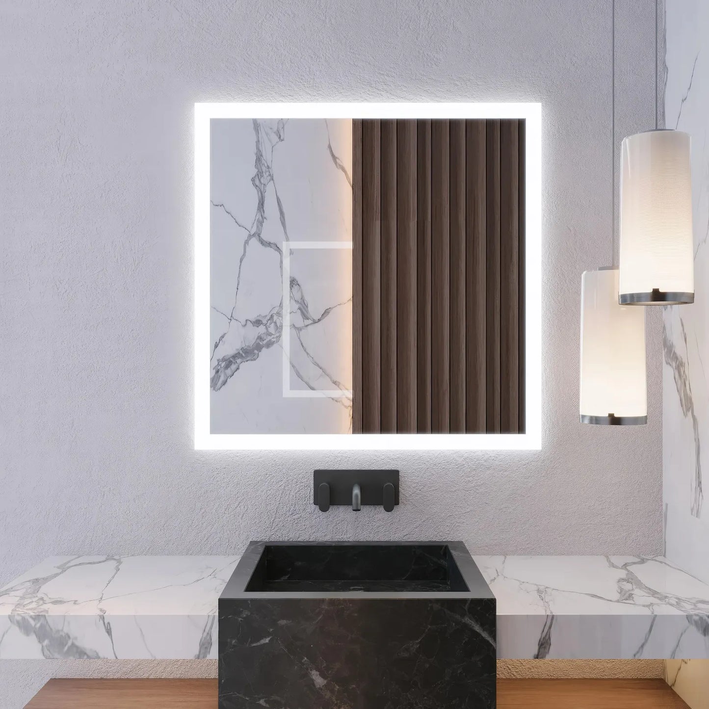Modern Kare LED Aydınlatmalı Banyo Aynası – Sıcak Işıklı Arka Aydınlatmalı Tasarım