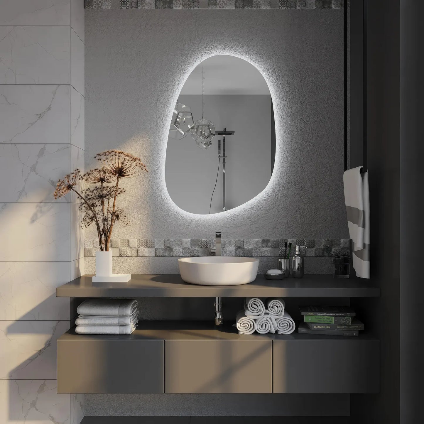 Modern Asimetrik LED Banyo Aynası – Organik Form Dekoratif Duvar Ayna Tasarımı