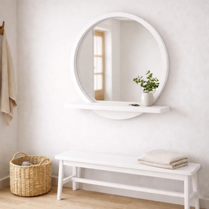 Raflı Masif Kayın Ağacı Yuvarlak Ayna – İskandinav Tarzı Antre ve Banyo Aynası