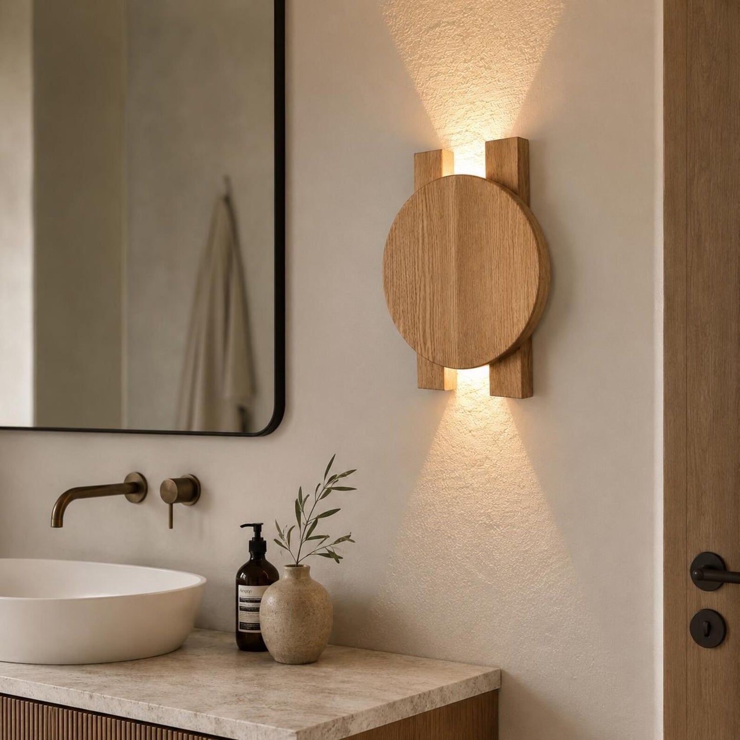 Ahşap Duvar Apliği, Modern LED Dekoratif Aydınlatma, Yuvarlak Ahşap Duvar Lambası