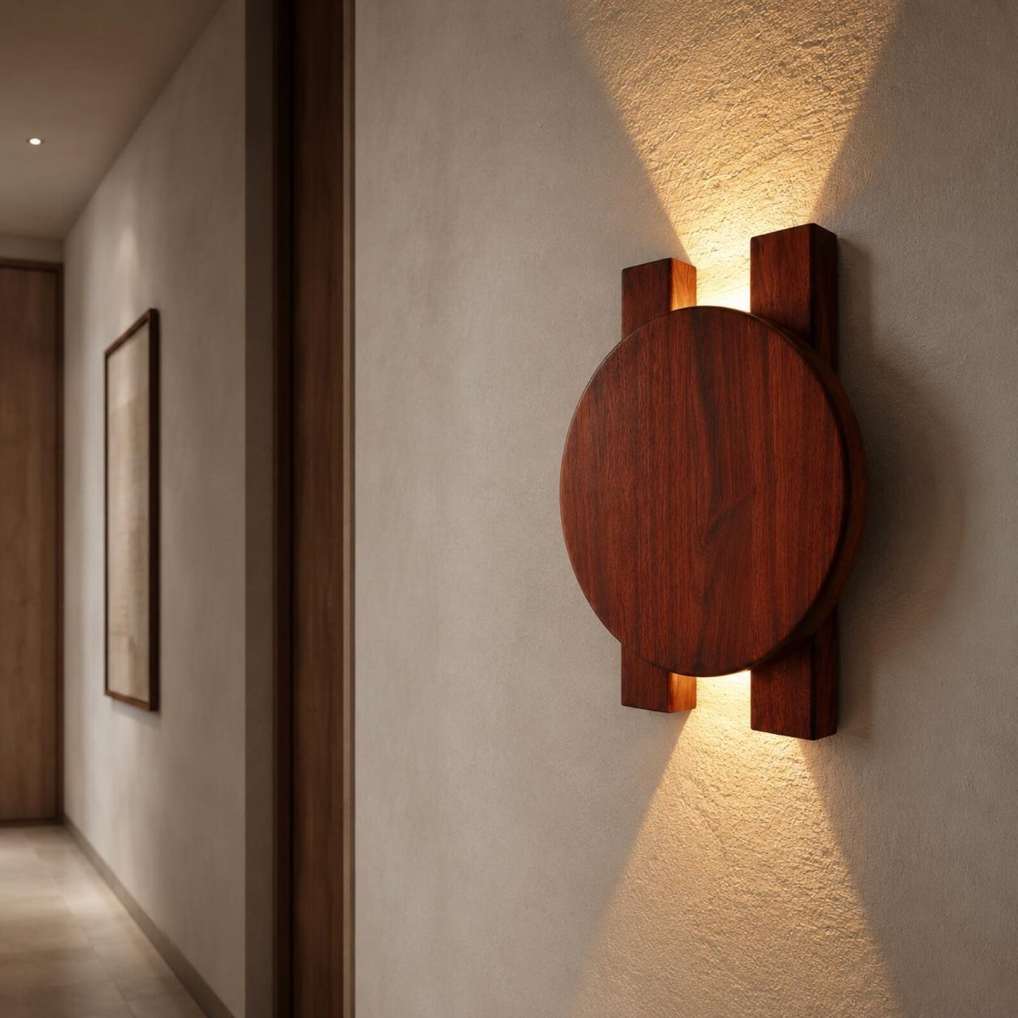 Ahşap Duvar Apliği, Modern LED Dekoratif Aydınlatma, Yuvarlak Ahşap Duvar Lambası