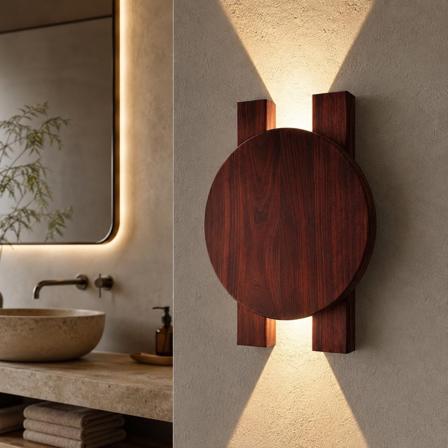 Ahşap Duvar Apliği, Modern LED Dekoratif Aydınlatma, Yuvarlak Ahşap Duvar Lambası