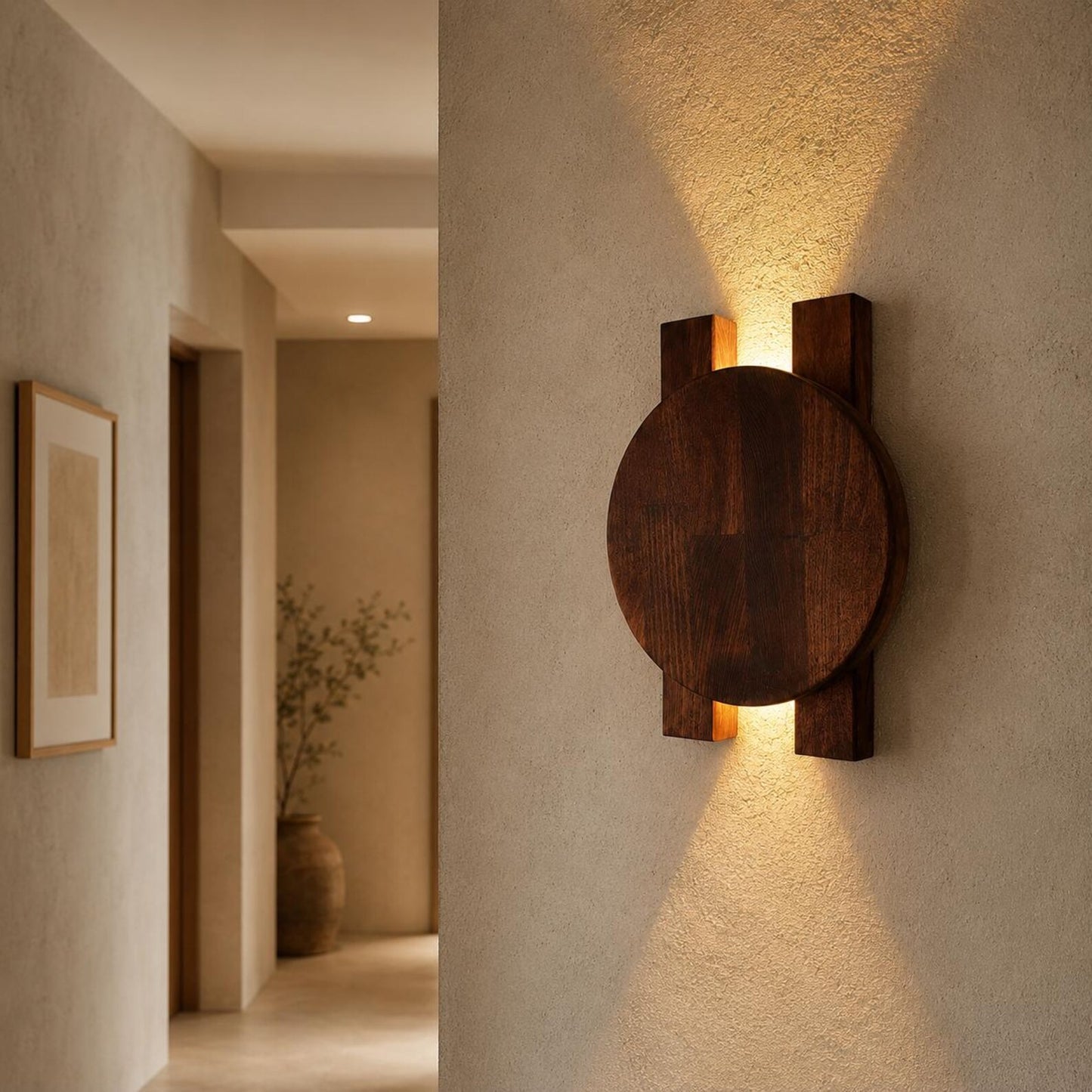 Ahşap Duvar Apliği, Modern LED Dekoratif Aydınlatma, Yuvarlak Ahşap Duvar Lambası