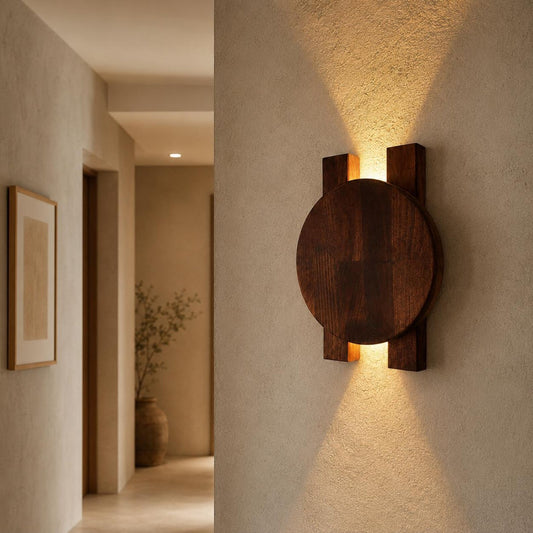 Ahşap Duvar Apliği, Modern LED Dekoratif Aydınlatma, Yuvarlak Ahşap Duvar Lambası