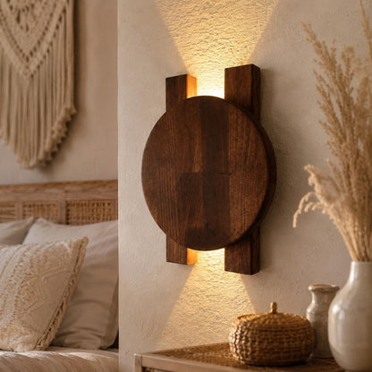 Ahşap Duvar Apliği, Modern LED Dekoratif Aydınlatma, Yuvarlak Ahşap Duvar Lambası