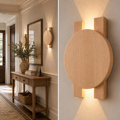 Ahşap Duvar Apliği, Modern LED Dekoratif Aydınlatma, Yuvarlak Ahşap Duvar Lambası