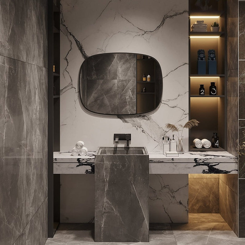 Modern Minimalist Kare Oval Duvar Aynası – Siyah Çerçeveli Banyo ve Salon Dekor Aynası