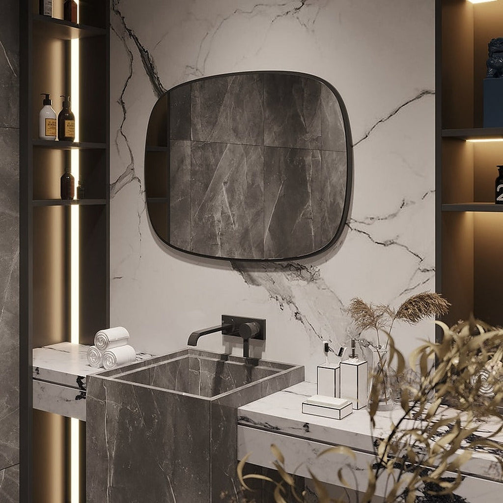 Modern Minimalist Kare Oval Duvar Aynası – Siyah Çerçeveli Banyo ve Salon Dekor Aynası