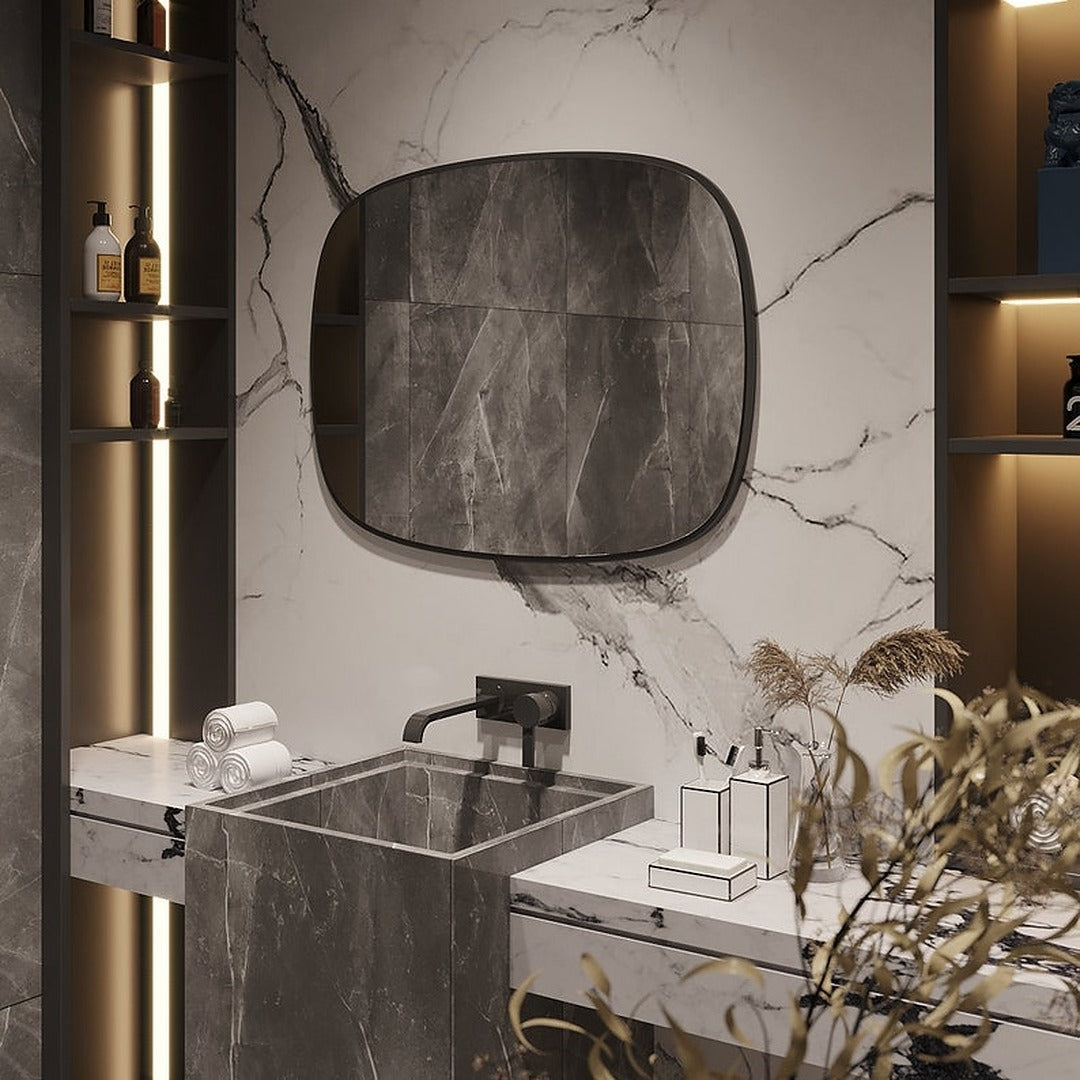 Modern Minimalist Kare Oval Duvar Aynası – Siyah Çerçeveli Banyo ve Salon Dekor Aynası