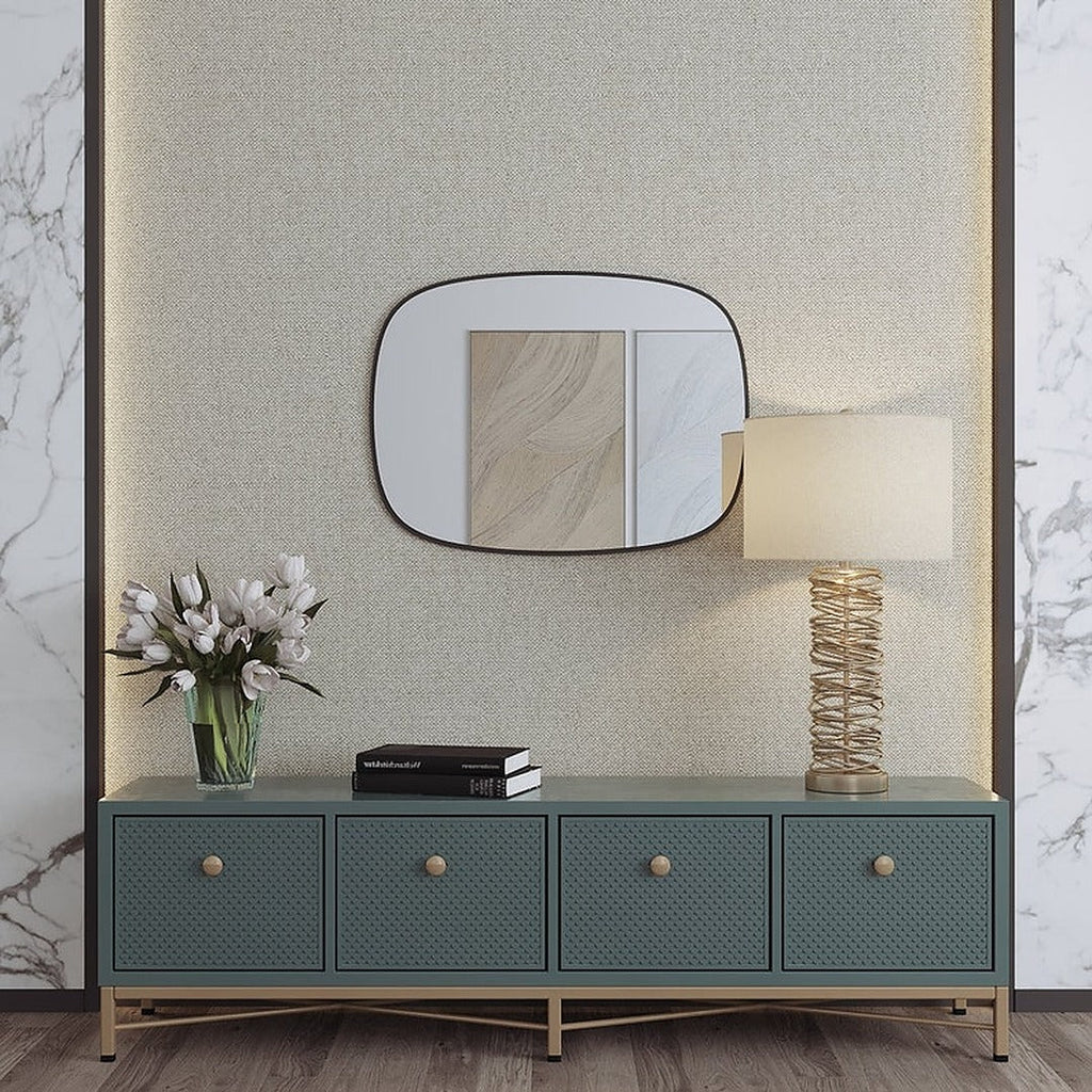 Modern Minimalist Kare Oval Duvar Aynası – Siyah Çerçeveli Banyo ve Salon Dekor Aynası