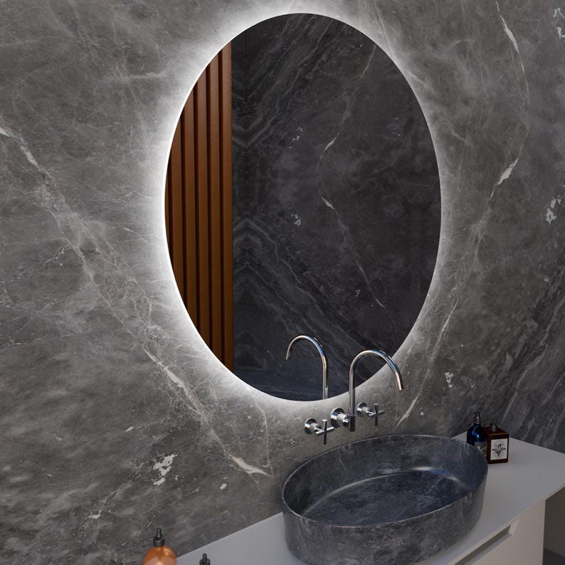 Yuvarlak LED Işıklı Banyo Aynası – Modern Aydınlatmalı Dekoratif Ayna | Mermer Duvar İçin Tasarım Ayna