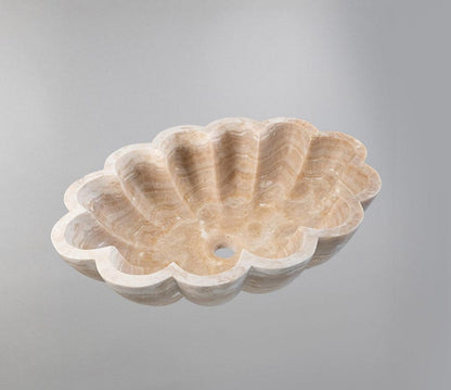 Doğal Traverten Mermer Oval Çiçek Formu Lavabo – El İşçiliği Banyo Tezgâh Üstü Lavabo (55 × 42 × 14 cm)