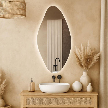 Modern Organik LED Banyo Aynası – Asimetrik Dekoratif Işıklı Ayna, Duvara Monte Tasarım