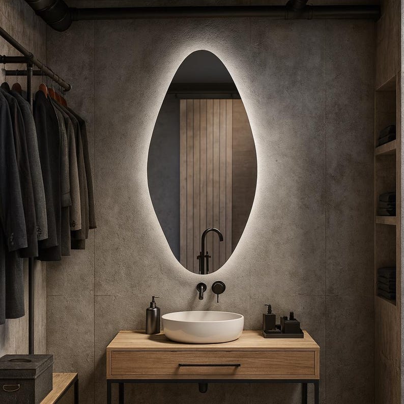Modern Organik LED Banyo Aynası – Asimetrik Dekoratif Işıklı Ayna, Duvara Monte Tasarım
