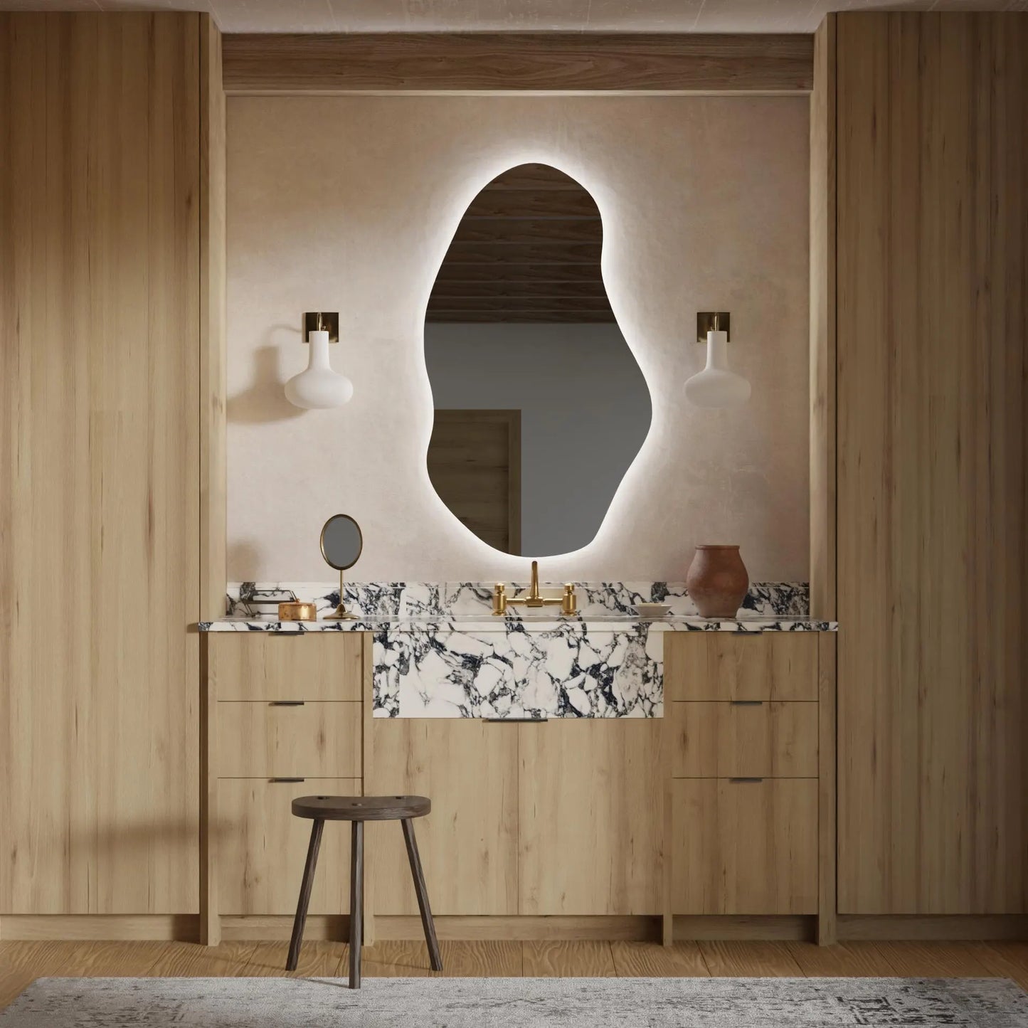 Asimetrik LED Banyo Aynası – Modern Dekoratif Işıklı Ayna, Organik Tasarım Arkadan Aydınlatmalı Ayna
