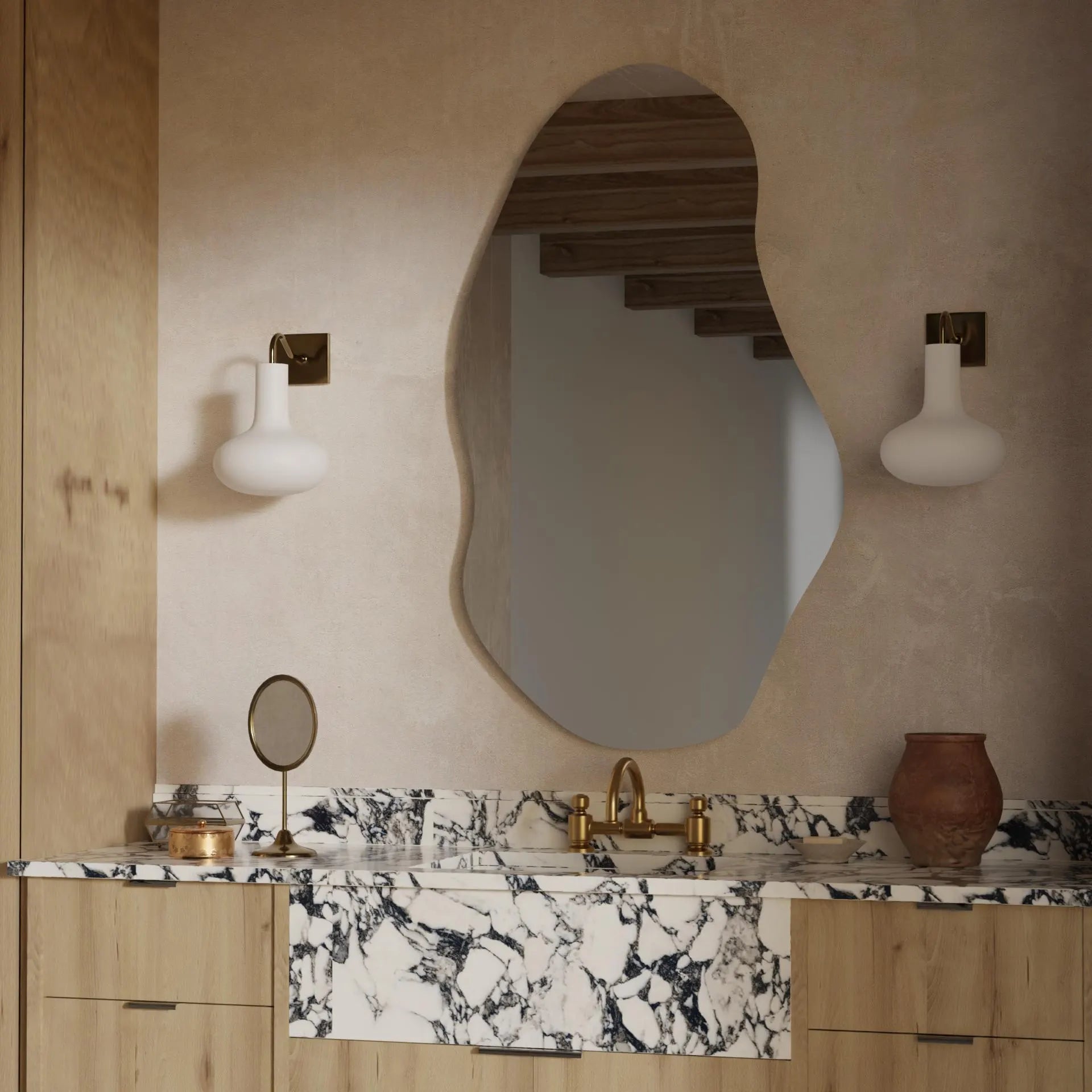 Asimetrik LED Banyo Aynası – Modern Dekoratif Işıklı Ayna, Organik Tasarım Arkadan Aydınlatmalı Ayna